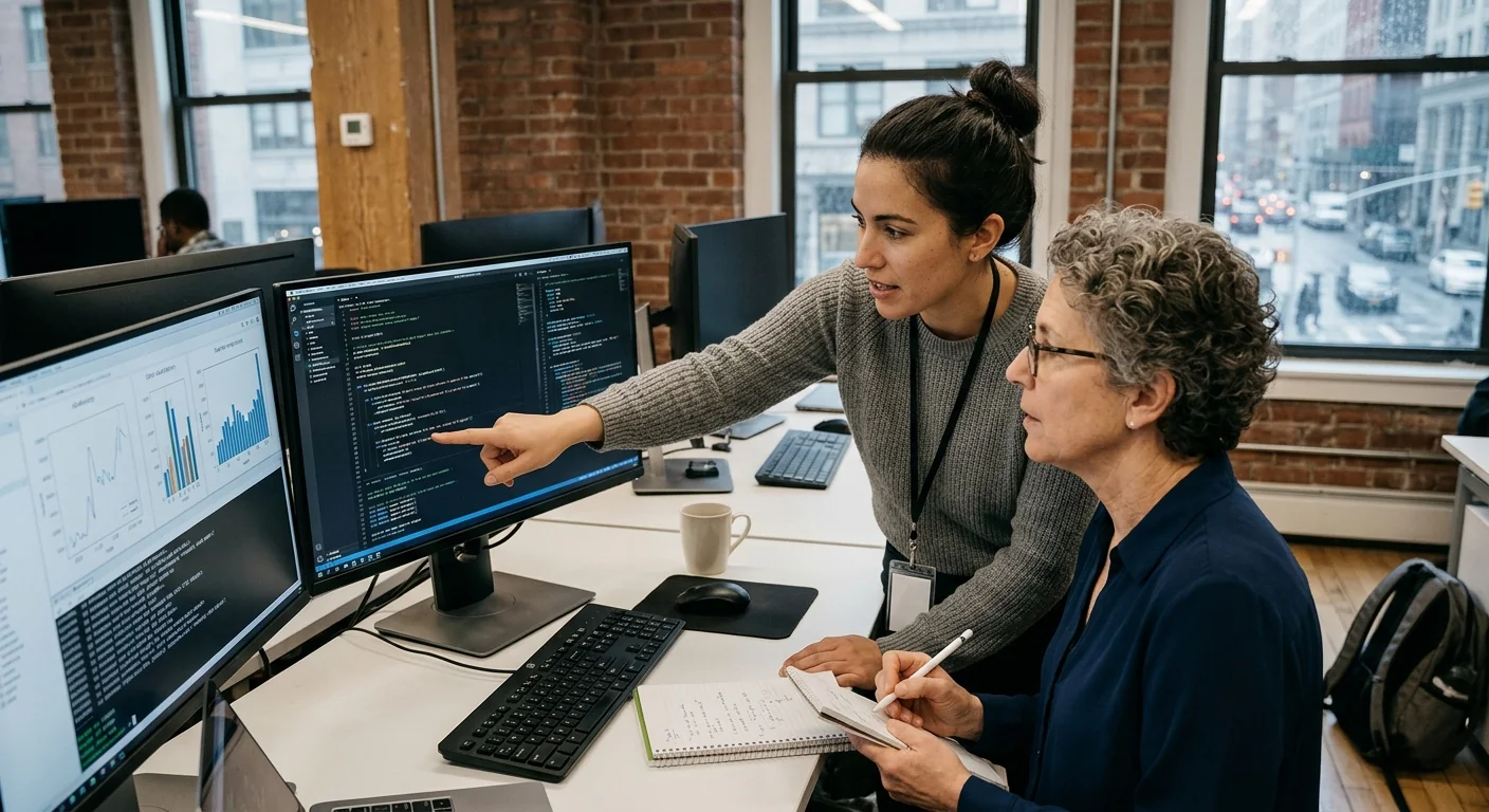 AI consultant reviewing automation workflow planning with a New York business client