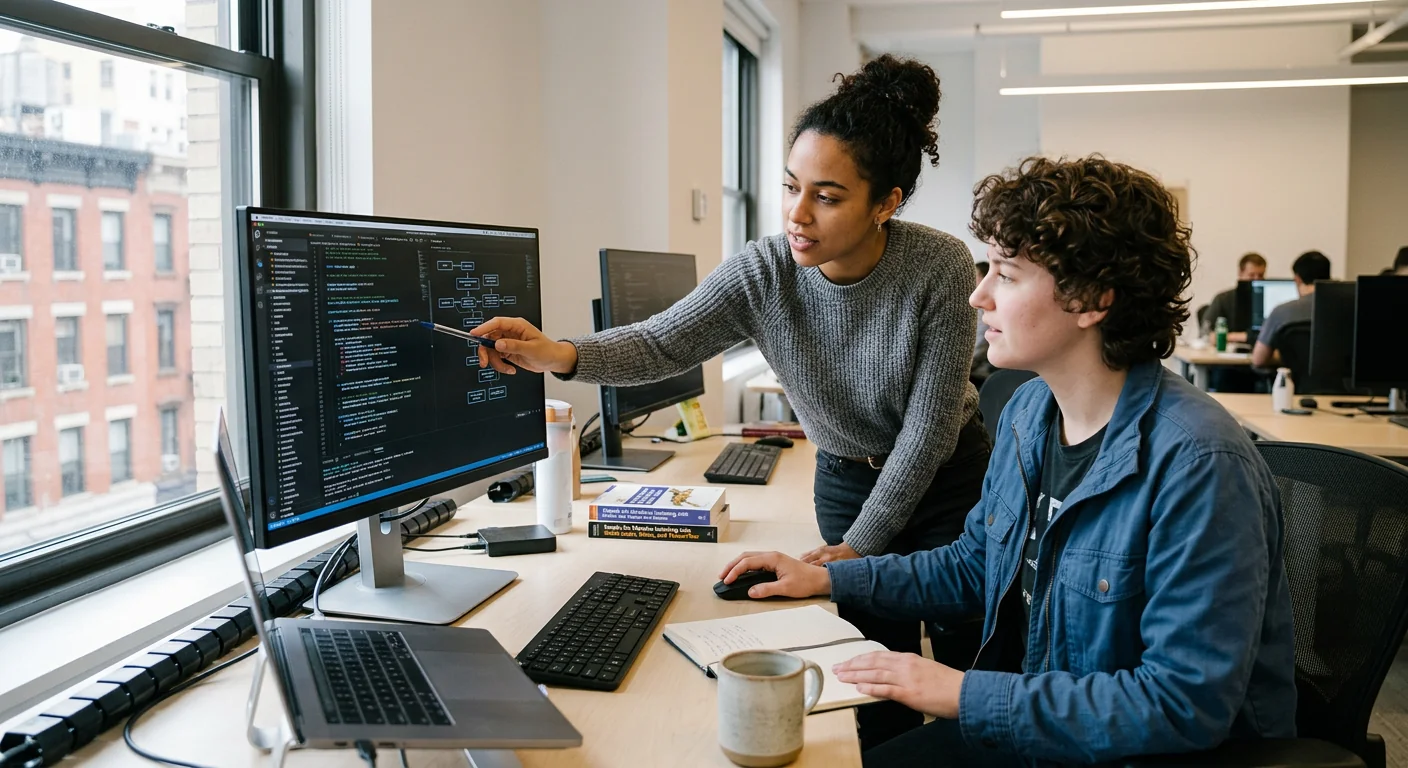 AI consultant reviewing automation workflow on screen with New York business owner