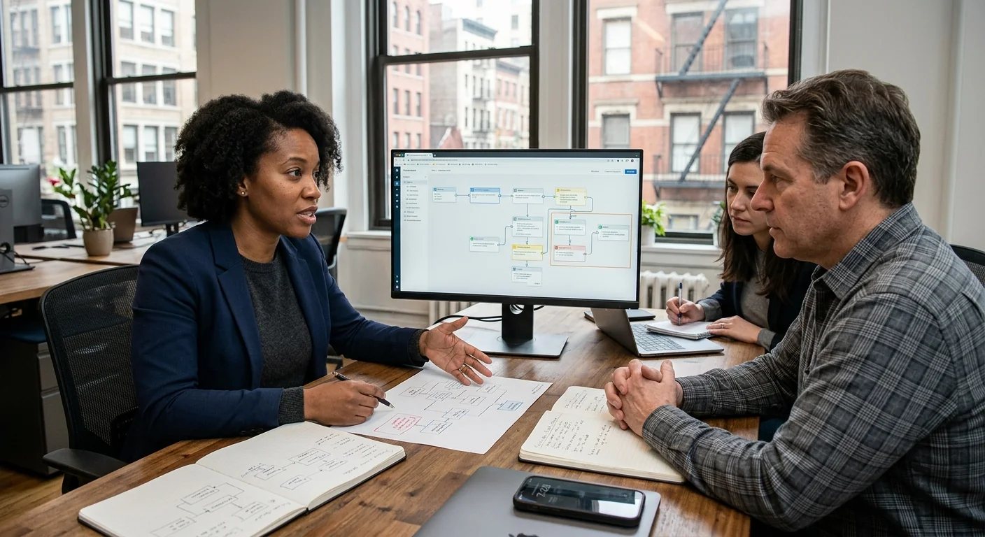 Consultant assessing a New York client workflow during an AI automation scoping session