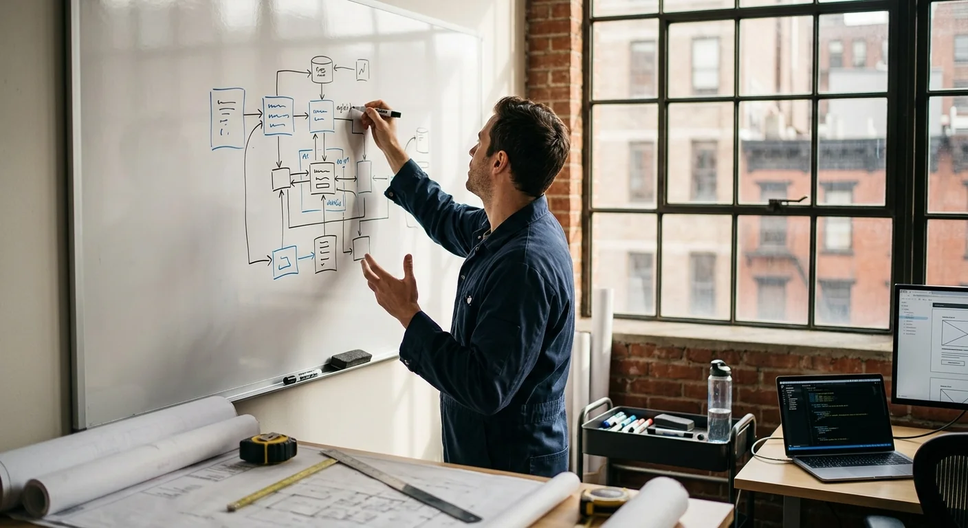Architect sketching an AI agent system design on a workspace whiteboard