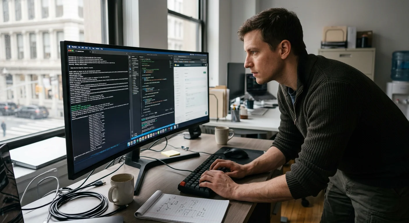 Developer integrating a custom AI model with business software on a wide monitor