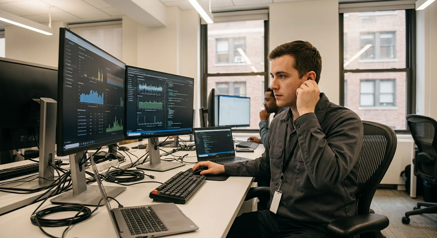 Technician monitoring deployed AI automation dashboards during a New York support review