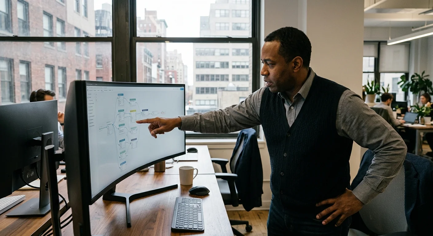 Consultant reviewing AI automation workflow on a wide office monitor in New York
