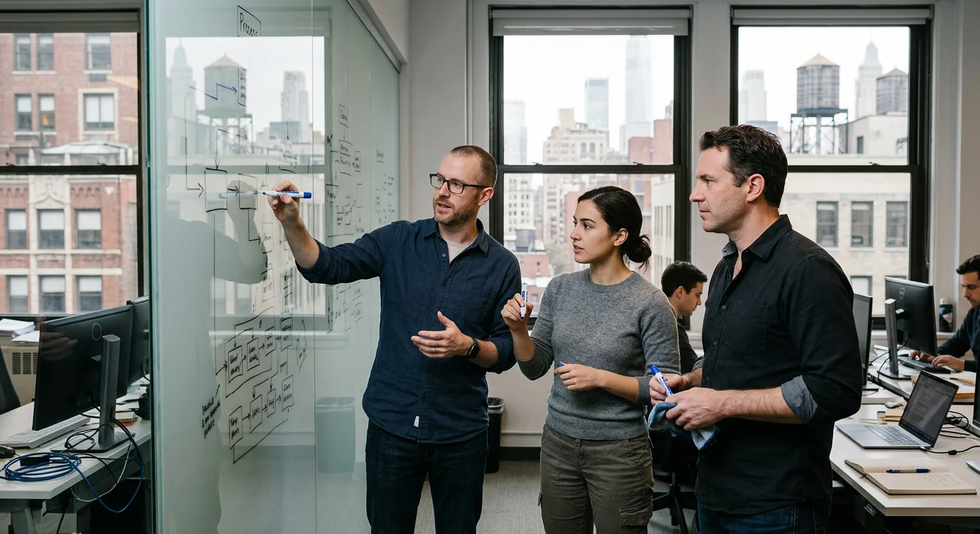 Team mapping business process automation steps on a glass board in a Manhattan workspace
