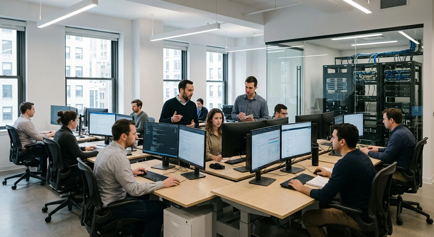 Wide shot of a New York commercial office running an integrated AI agent system