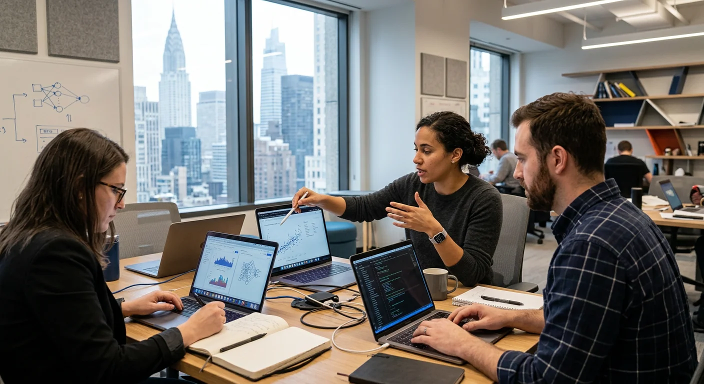 AI Agency team reviewing tested system documentation and monitoring dashboards with a New York client