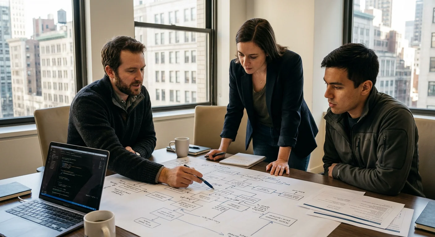 AI engineers reviewing automation workflow diagrams for a New York business project