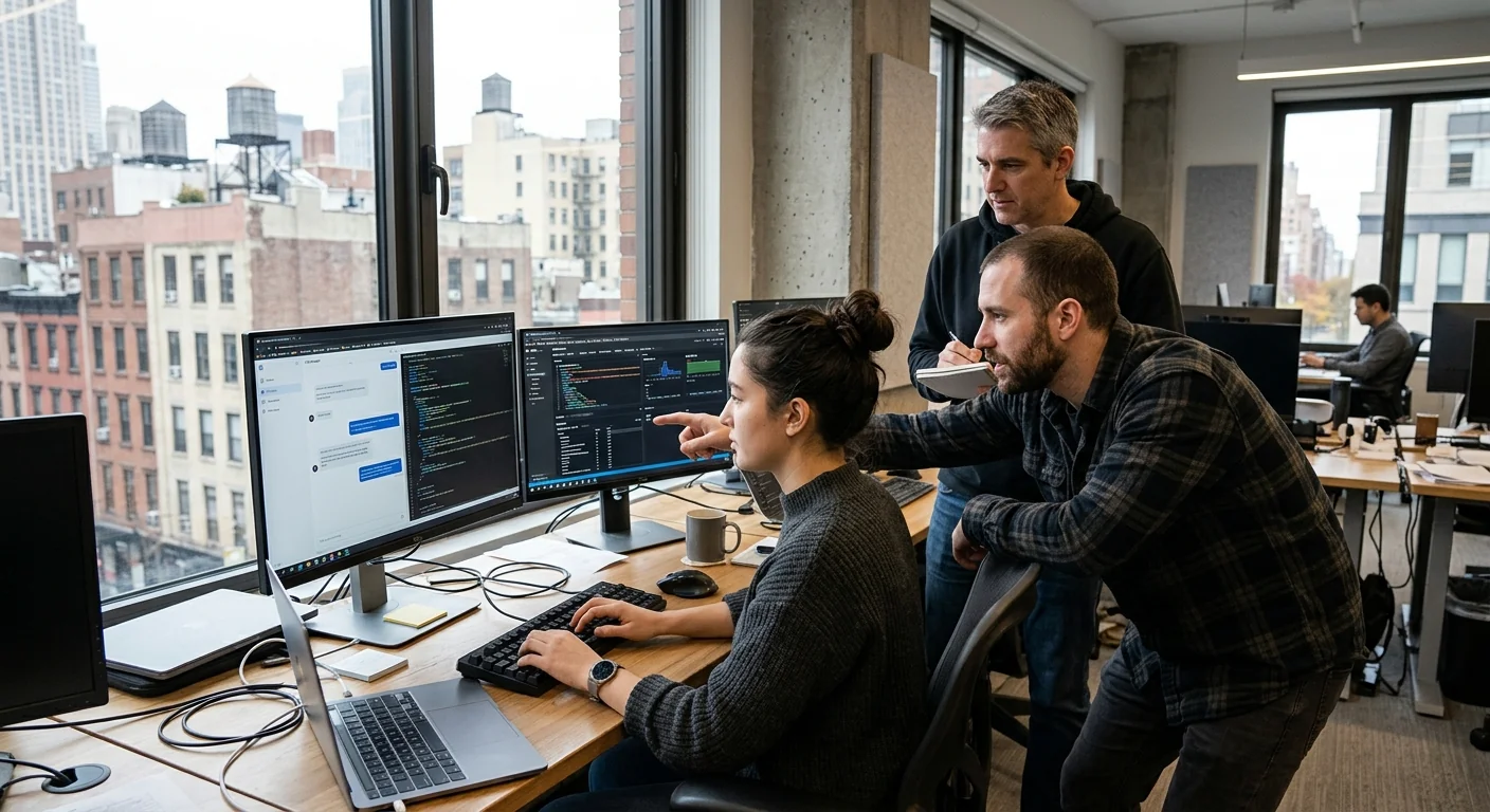 Team testing an AI chatbot integration on multiple monitors in New York office