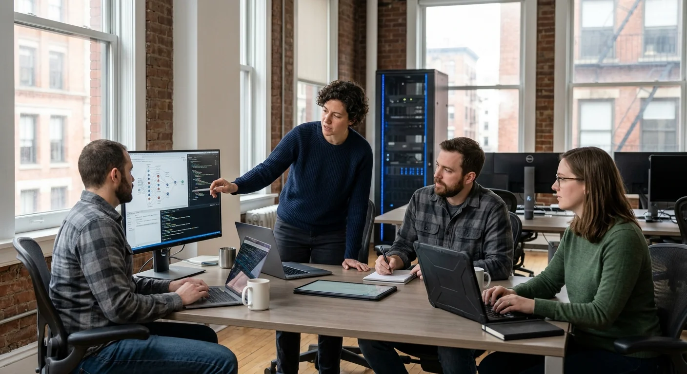 AI agent workflow dashboard monitored by a team in a New York office