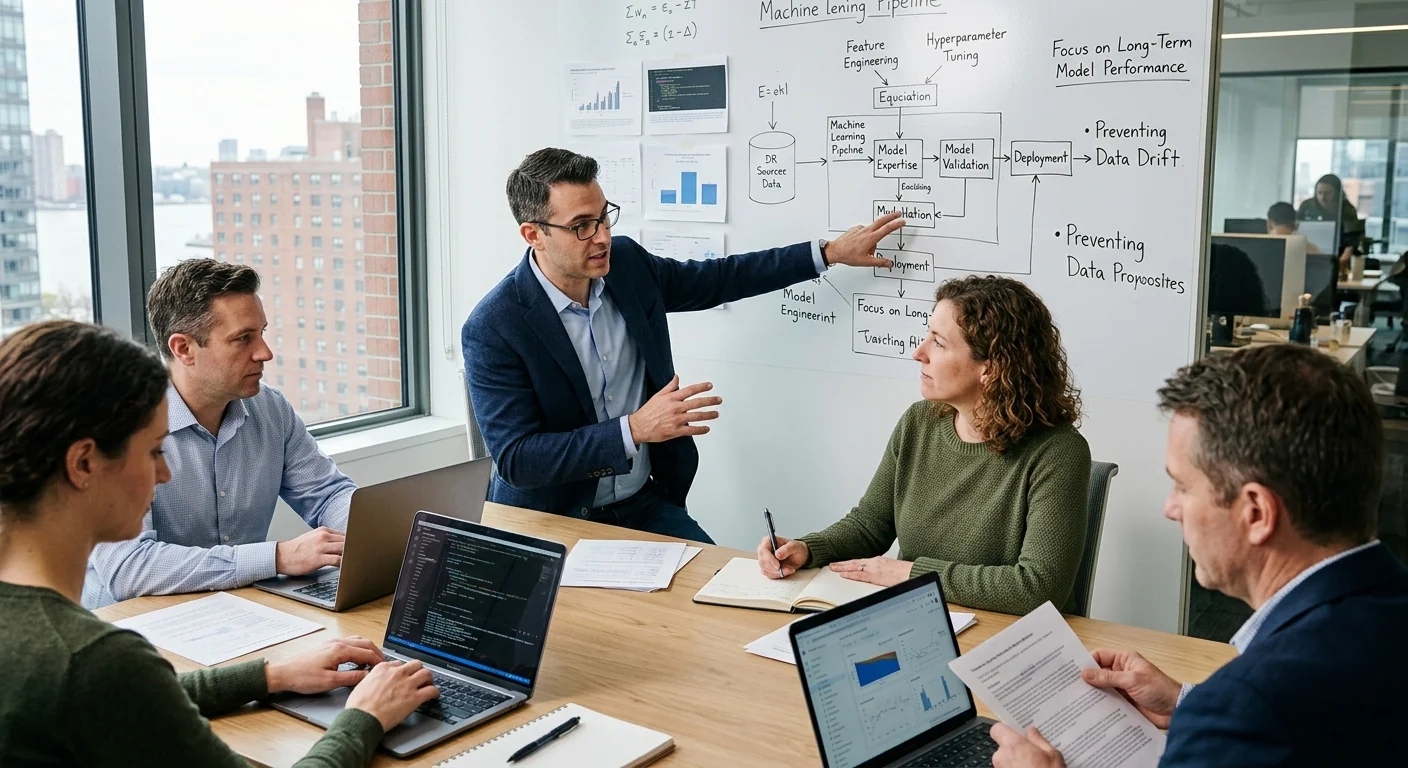 AI agency team reviewing agent performance metrics for a New York client