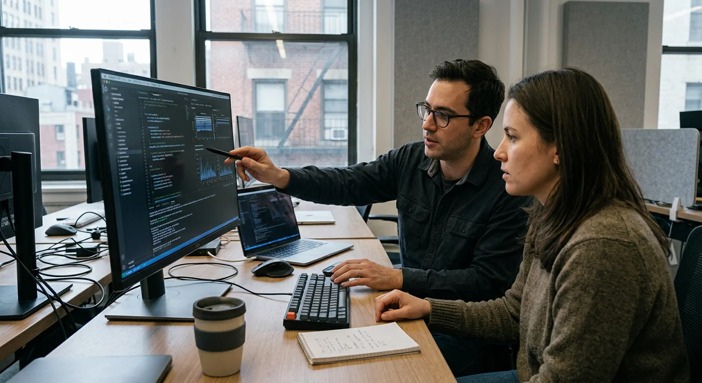 Support team reviewing AI chatbot conversation dashboards in a New York office