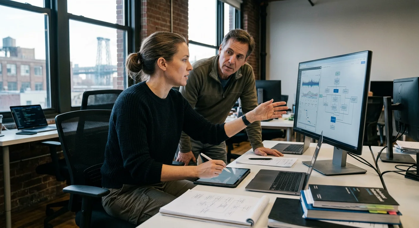 Consultant reviewing AI workflow roadmap with a New York business team