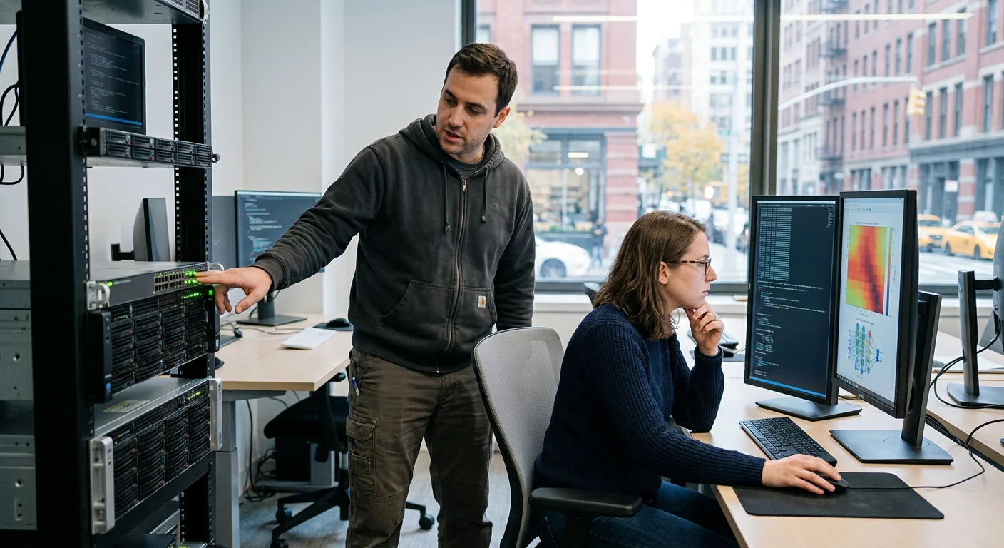 AI integration specialist reviewing connected business systems on a monitor in New York office