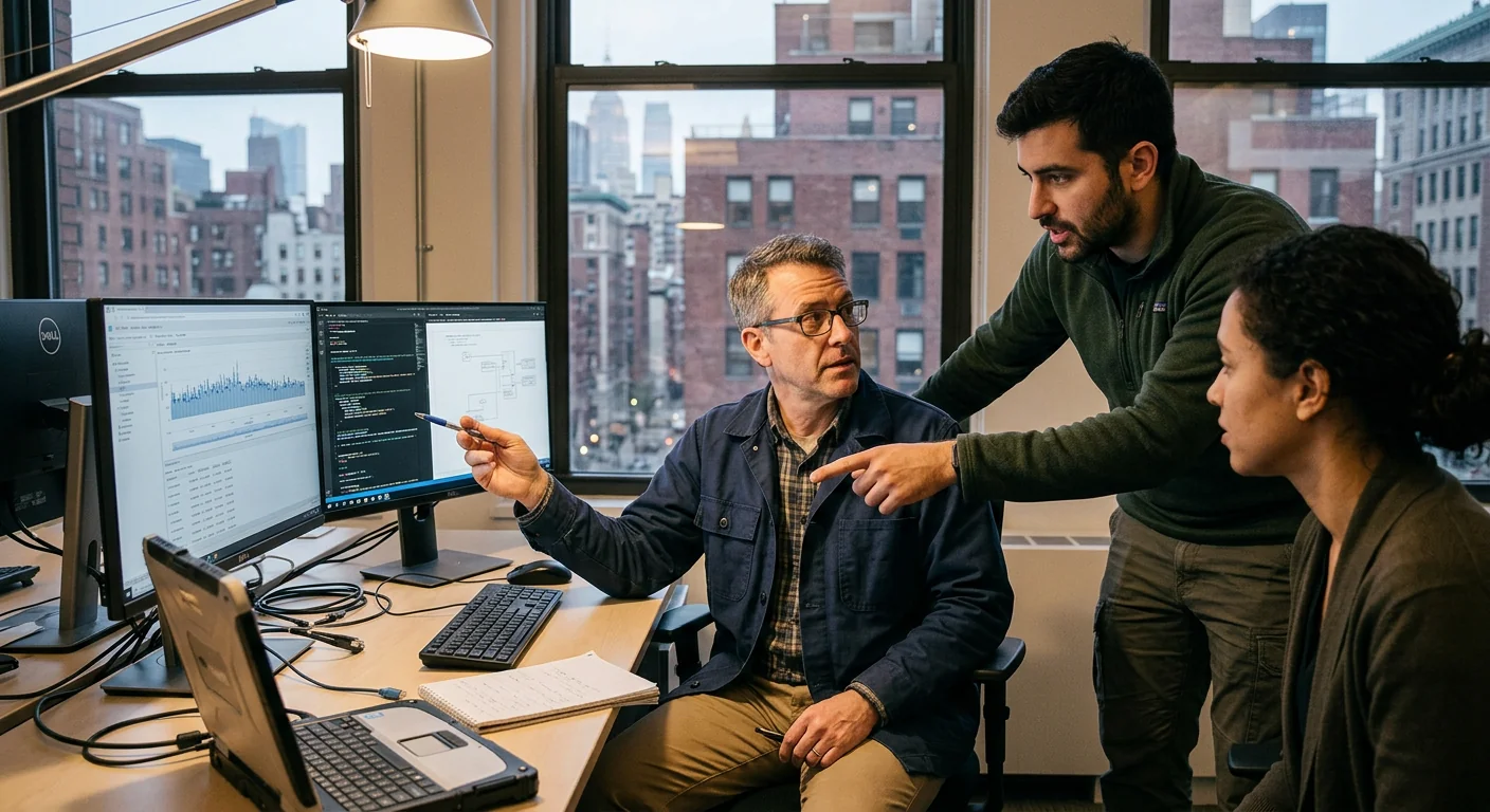 Consultant reviewing automated workflow diagrams with a New York business team