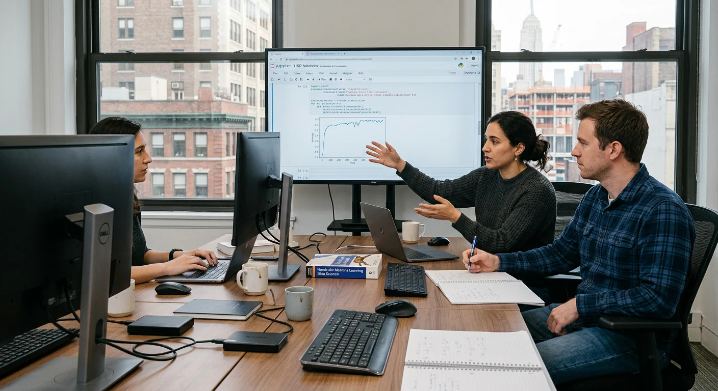 Team reviewing automated workflow connections on screens in a New York office