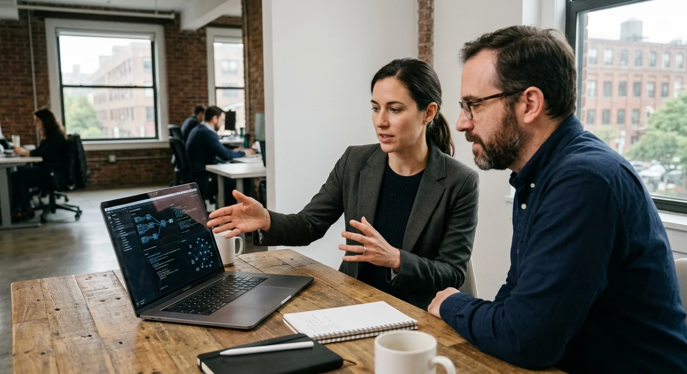 Developer reviewing custom AI system architecture with a New York business client
