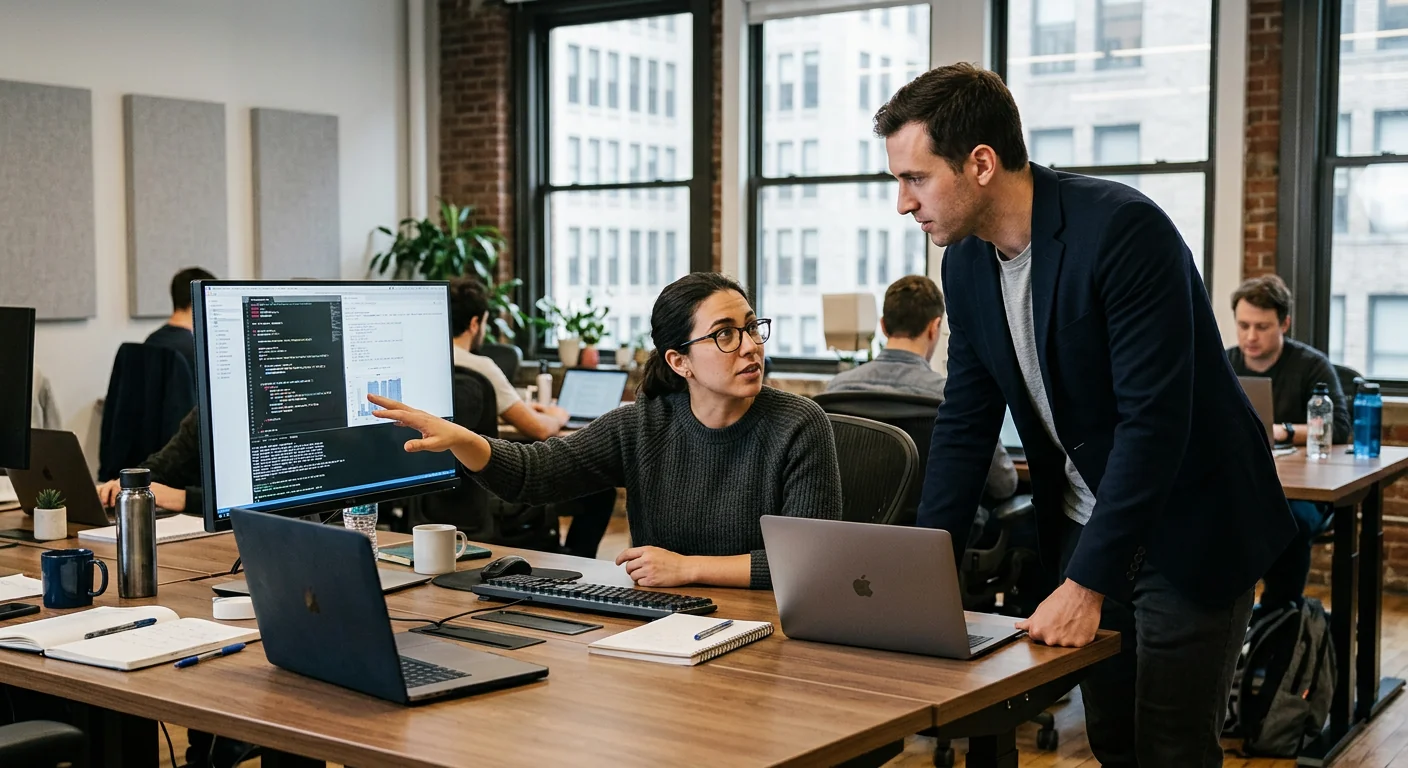 AI developers reviewing custom model architecture for a New York business system