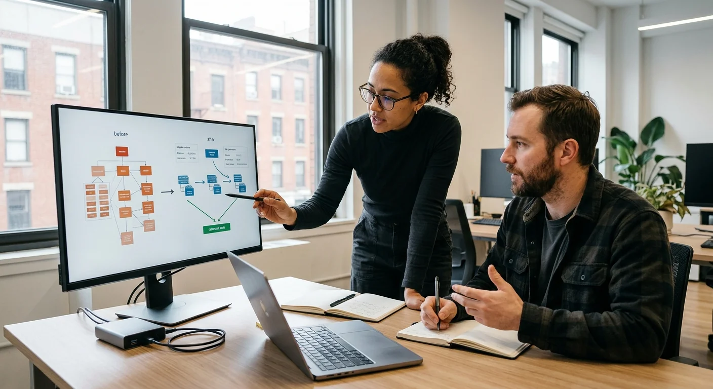 Developer reviewing custom AI model architecture on screens in a New York office