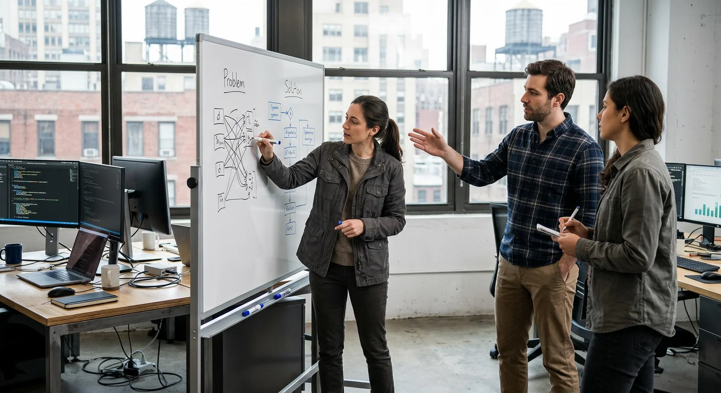 Engineers reviewing custom AI model architecture on screens in a New York office
